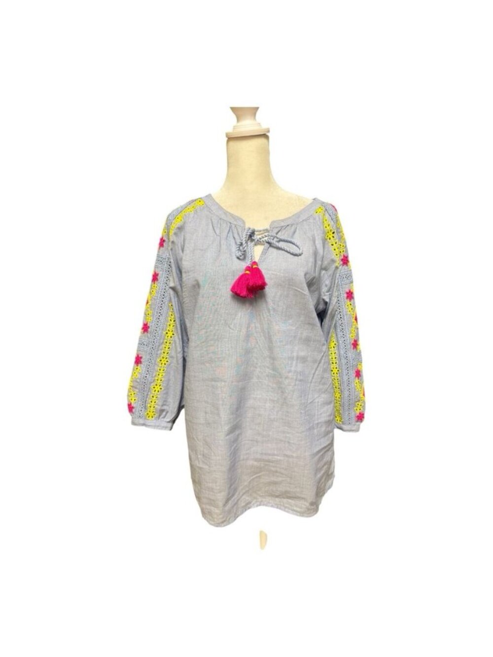 Talbots Embroidered Boho Peasant Blouse Blue Pink Yellow 100% Cotton Small